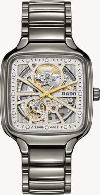 RADO Echtes quadratisches Automatikwerk mit offenem Herz, funkelndem (38 mm) weißem Zifferblatt / Hightech-Plasma-Keramikarmband R27083722