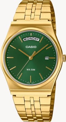 Casio Série rétro MTP jour/date (35 mm), cadran vert soleillé / bracelet en acier inoxydable PVD or MTP-B146G-3AVEF
