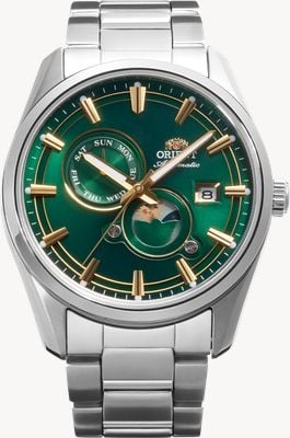 Orient Stretto automatisch horloge met zon- en maanmotief (41,5 mm) met groene wijzerplaat en roestvrijstalen armband. RA-AK0314E30B