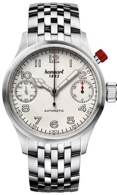Hanhart Pioneer Monoscope Automatik-Chronograph (45 mm), silbernes Zifferblatt / Edelstahlarmband 732.220-6428