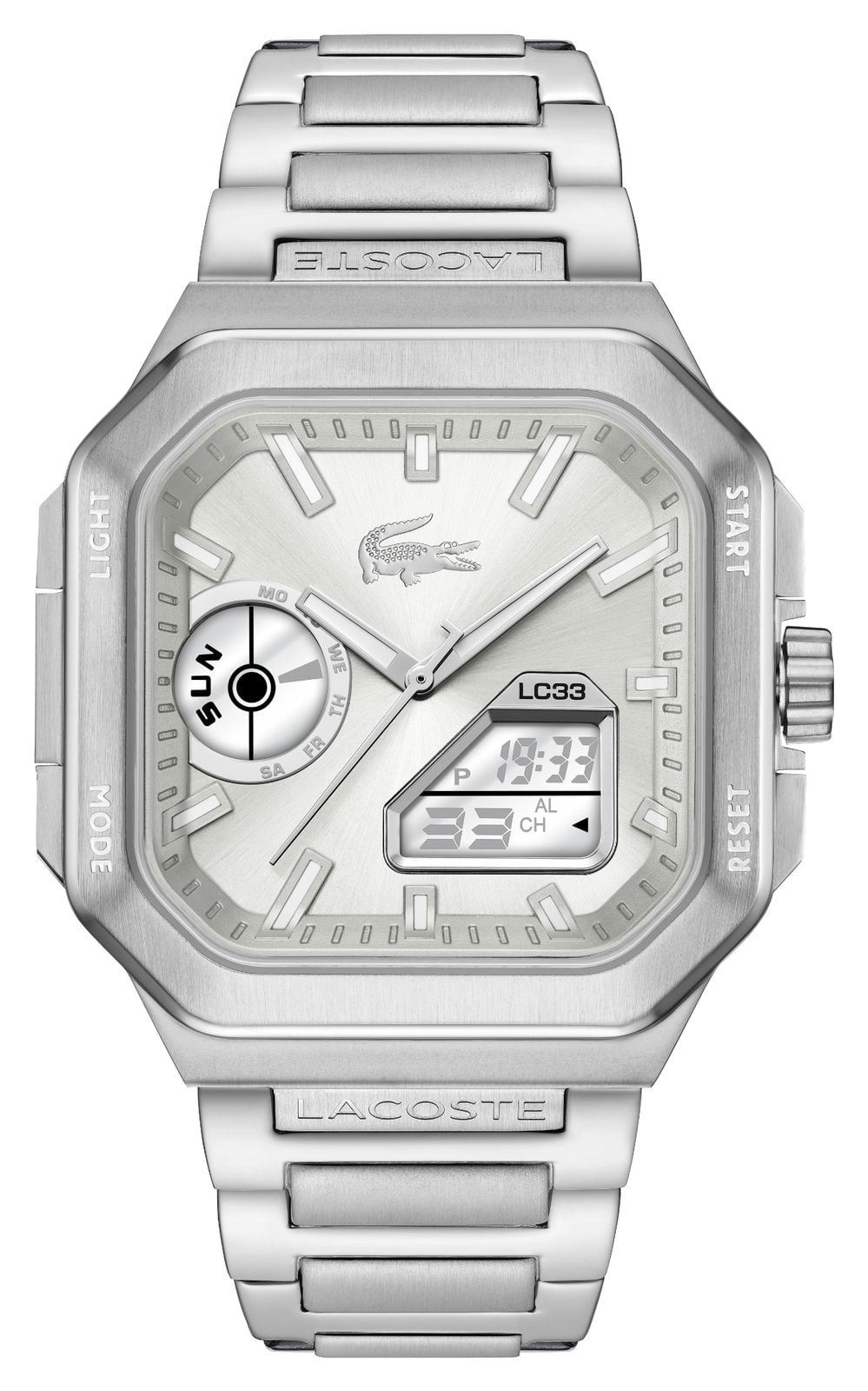 Lacoste carrÃ©e en acier inoxydable, cadran argent montre