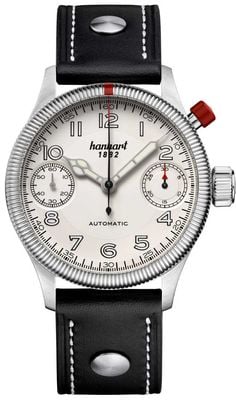 Hanhart Chronographe automatique Pioneer Monoscope (45 mm), cadran argenté / bracelet en cuir noir - m 733.220-0010