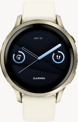 Garmin Venu 4 – AMOLED-Smartwatch für Gesundheit und Fitness (41 mm) in Mondgold mit Silikonarmband in Knochenoptik 010-03013-00