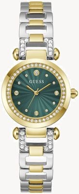 Guess Ingwer-Kristall (30 mm), grünes Zifferblatt mit Sonnenschliff / zweifarbiges Edelstahlarmband GW0869L1