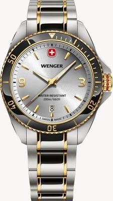 Wenger Relógio de quartzo executivo (40 mm) com mostrador prateado com efeito raios de sol e pulseira bicolor em aço inoxidável. 01.2031.106