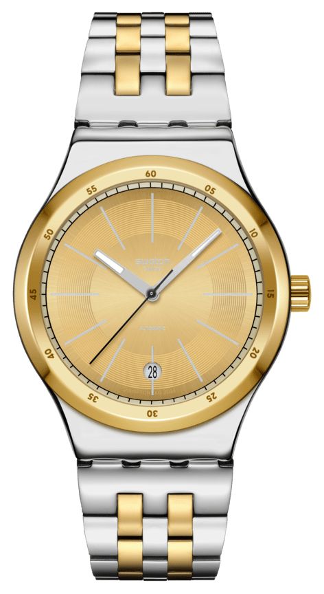 Swatch MÃ©canisme Goldcloak (42 mm), cadran dorÃ©, bracelet montre