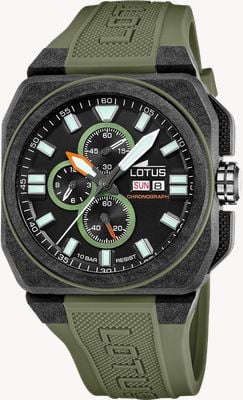 Lotus Carbon Fiber Square Chrono (45.4mm) Black Dial / Khaki Green Rubber Strap L18976/1