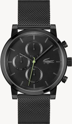 Lacoste Męski zegarek typu replay (43 mm) z czarną tarczą / bransoletą z siatki ze stali nierdzewnej w kolorze czarnym PVD 2011411