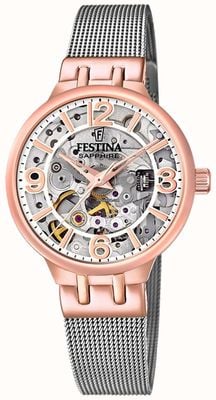 Festina Relógio feminino esqueleto dourado rosa com pulseira de malha F20581/1