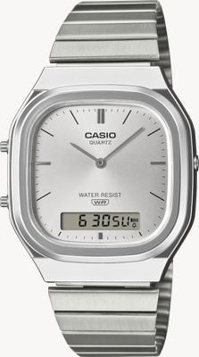 Casio Quadrante vintage a raggi di sole argentato (35,8 mm) con doppio display / bracciale in acciaio inossidabile AQ-240E-7AEF
