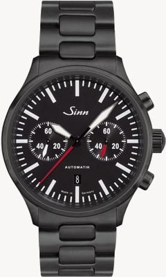 Sinn 936 S Chronograph Limited Edition (43 mm), mattes schwarzes Zifferblatt, H-Gliederarmband und schwarzes Lederarmband 936.020