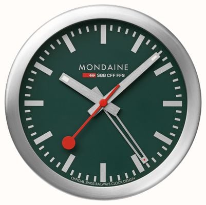 Mondaine Sbb 闹钟，带扫秒针（12.5 厘米）绿色表盘/银色铝制表壳 A997.MCAL.66SBV.1