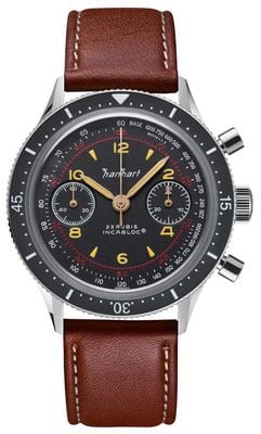 Hanhart 415 es iconic (39 mm) schwarzes Zifferblatt / dunkelbraunes Lederarmband – m H703.210-8110