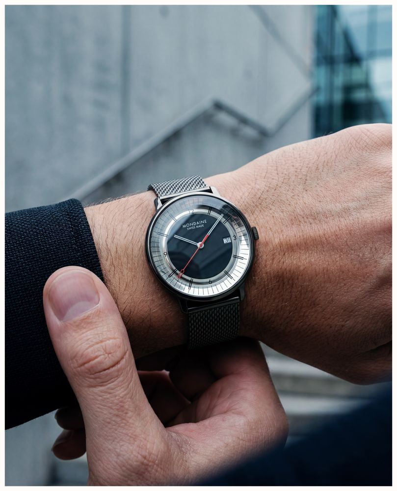 Mondaine Doppio Mirror Limited Edition (41mm) Mirror & Black Dial / Black Stainless Steel Mesh Bracelet Watch MLE.41280.SM - alternate view 9