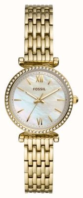 Fossil Carlie mini feminino | mostrador madrepérola | pulseira de aço inoxidável de ouro ES4735