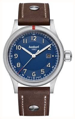 Hanhart Pioneer One automatico (42 mm) quadrante blu / cinturino in pelle marrone scuro con rivetti - m 762.270-0110