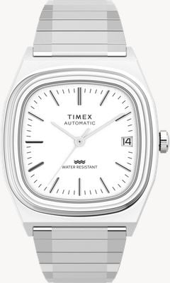 Timex Reedición automática de la línea e de 1983 (34 mm), esfera plateada / brazalete expansivo de acero inoxidable TW2W70800