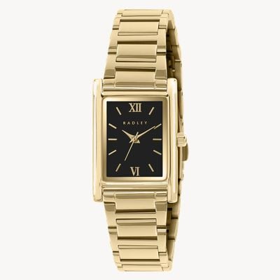 Radley Schwarzes rechteckiges Zifferblatt für Damen (21,2 mm) / goldfarbenes Edelstahlarmband RY4646