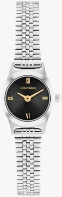 Calvin Klein Współczesny zegarek kwarcowy CK z dwoma wskazówkami (18 mm) z czarną tarczą i bransoletą ze stali nierdzewnej 25100200