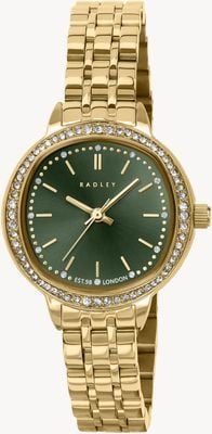Radley Quarzwerk mit drei Zeigern (28 mm), kaktusgrünes Zifferblatt mit Sonnenschliff und Kristallbesatz / Armband aus goldfarbenem PVD-beschichtetem Edelstahl RY4686