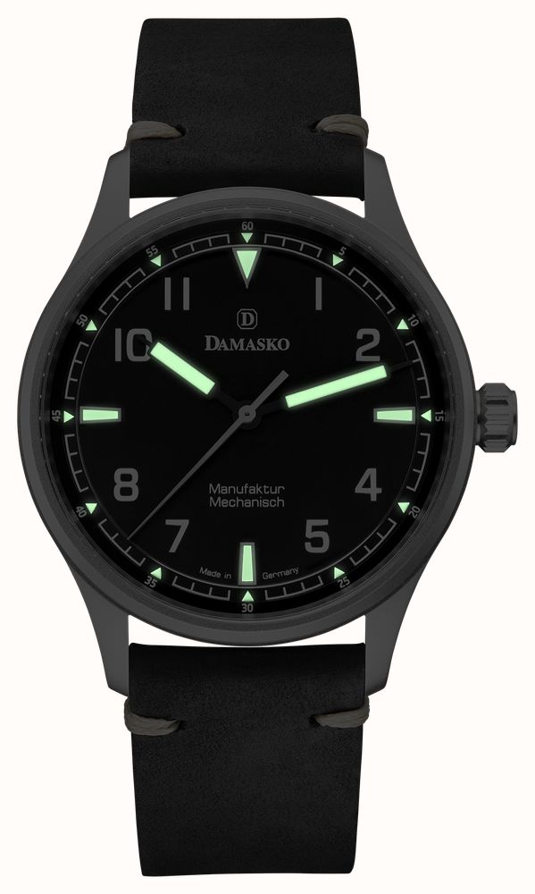 Damasko DF10 Three-Hand Manufacture (39mm) Black Dial / 'Vintage' Black Leather Strap Watch DF10 BLACK - vista alternativa 5