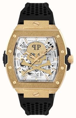 Philipp Plein De $keleton matte (44 mm) zilverkleurige skeleton wijzerplaat / zwarte siliconen band PWJFA1025