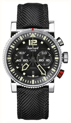 Hanhart Primus pilot cronografo automatico (44mm) quadrante nero / cinturino in tessuto nero - m 740.210-3020