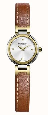 Herbelin Relógio Lady H Quartz (22 mm) com mostrador prateado e raios de sol / pulseira de couro marrom 17312T1N12GD