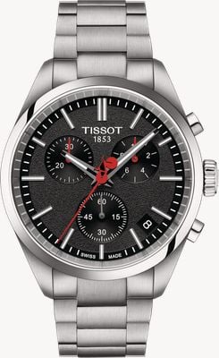 Tissot Pr 100 vuelta (40 mm) cadran chronographe noir / ensemble acier inoxydable et bracelet noir T1504171105101