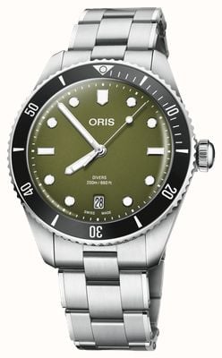 ORIS 潜水员自动上链日期显示腕表（39毫米）橄榄色表盘 / 不锈钢表链 + 黑色tropic橡胶带 01 733 7795 4057-SET