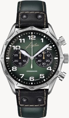 Junghans Chronoscope de pilote (43,3 mm) cadran vert / bracelet cuir vert et noir 27/3492.00