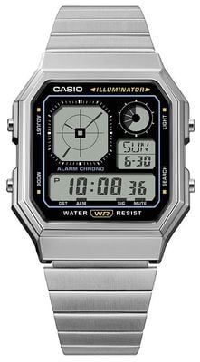 Casio Винтажный иллюминатор (33,9 мм) с цифровым дисплеем / браслет из нержавеющей стали A130WE-1AEF