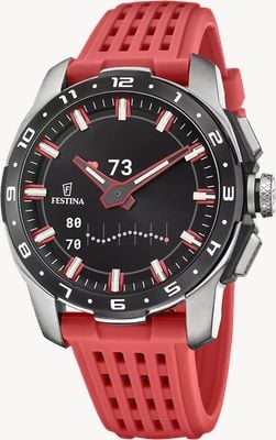 Festina Montre connectée hybride Full D (44 mm) avec affichage numérique et bracelet en silicone rouge F23305/4
