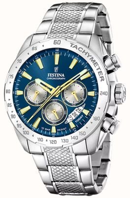 Festina Zeitloser Chronograph (44,5 mm), blaues Zifferblatt / Edelstahlarmband F20668/5