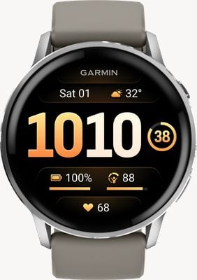 Garmin Venu 4 – AMOLED-Gesundheits- und Fitness-Smartwatch (45 mm) Silber mit silbergrauem Silikonarmband 010-03014-01