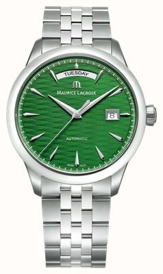 Maurice Lacroix Zegarek z 1975 roku z limitowanej edycji z datą i dniem (40 mm) z zieloną tarczą „Flaughling du Jura” / bransoletą ze stali nierdzewnej 756058-SS002-630-1