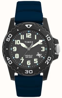 Timex Diver-Stil (42 mm) schwarzes Zifferblatt / blaues Silikonarmband TW5M61100