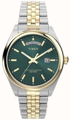 Timex Tradycyjna tarcza z datownikiem dziennym (41 mm) w kolorze zielonym i dwukolorowa bransoleta ze stali nierdzewnej TW2W42800