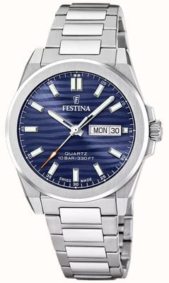 Festina Reloj de cuarzo suizo Dune Day/Fecha (39,8 mm) con esfera azul ondulada y brazalete de acero inoxidable. F20073/2