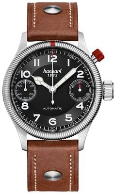 Hanhart Chronographe automatique Pioneer Monoscope (45 mm), cadran noir / bracelet en cuir marron clair - m 733.210-0210
