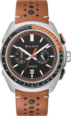 Bulova Montre chronographe de course pour homme (42 mm) cadran noir / bracelet en cuir marron 98B427