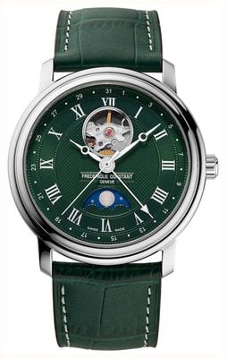 Frederique Constant Klassieker maanfase hartslag automatisch (40mm) groene guilloché wijzerplaat / groene leren band FC-335MCGRW4P26