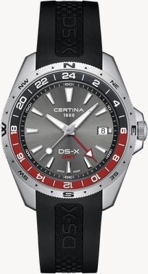 Certina Ds-x kwarcowy gmt (41 mm) szara tarcza / czarny pasek gumowy C0474521708101
