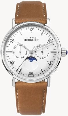 Herbelin Montre inspiratie moonphase bruine leren band witte wijzerplaat 12747AP11GD
