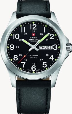 Swiss Military by Chrono Męski zegarek z datownikiem (42 mm) z czarną tarczą / czarnym skórzanym paskiem SMP36040.15