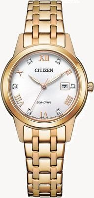 Citizen Damenuhr | Kristallglas | Eco-Drive | silberfarbenes Zifferblatt | Armband aus vergoldetem Edelstahl FE1243-83A