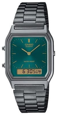 Casio Seria Vintage AQ-230 (29,8 mm) z zieloną tarczą słoneczną / bransoletą ze stali nierdzewnej PVD w kolorze grafitowym, z ekspozycji AQ-230EGG-3AEF EX-DISPLAY