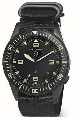 Elliot Brown Holton Professional Quartz (43 mm), schwarzes Zifferblatt/schwarzes NATO-Armband aus ballistischem Gewebe 101-001-N02