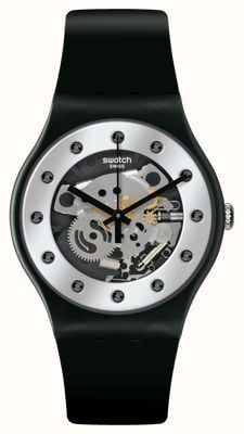Swatch SILVER GLAM (41mm) Silver Open Heart Dial / Black Bio-Sourced Material Strap SO29B109
