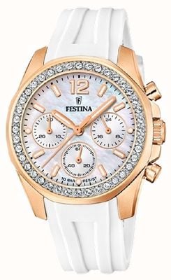 Festina Relógio crono feminino em aço rosa com pulseira de borracha F20611/1